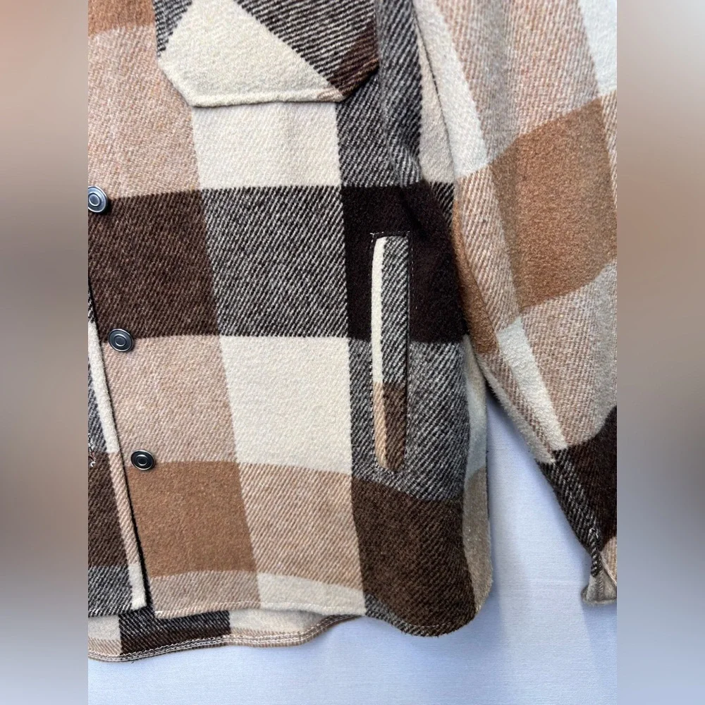 SHEIN flannel shirt jacket women’s size Large shacket neutral brown plaid casual